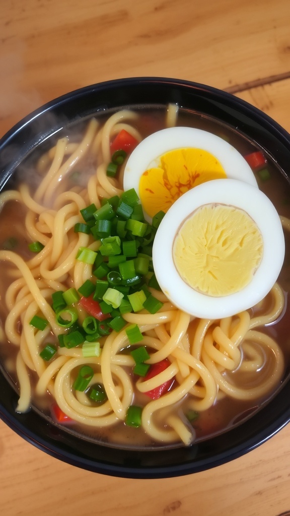 A bowl of instant noodles with green onions and boiled egg, served on a wooden table.